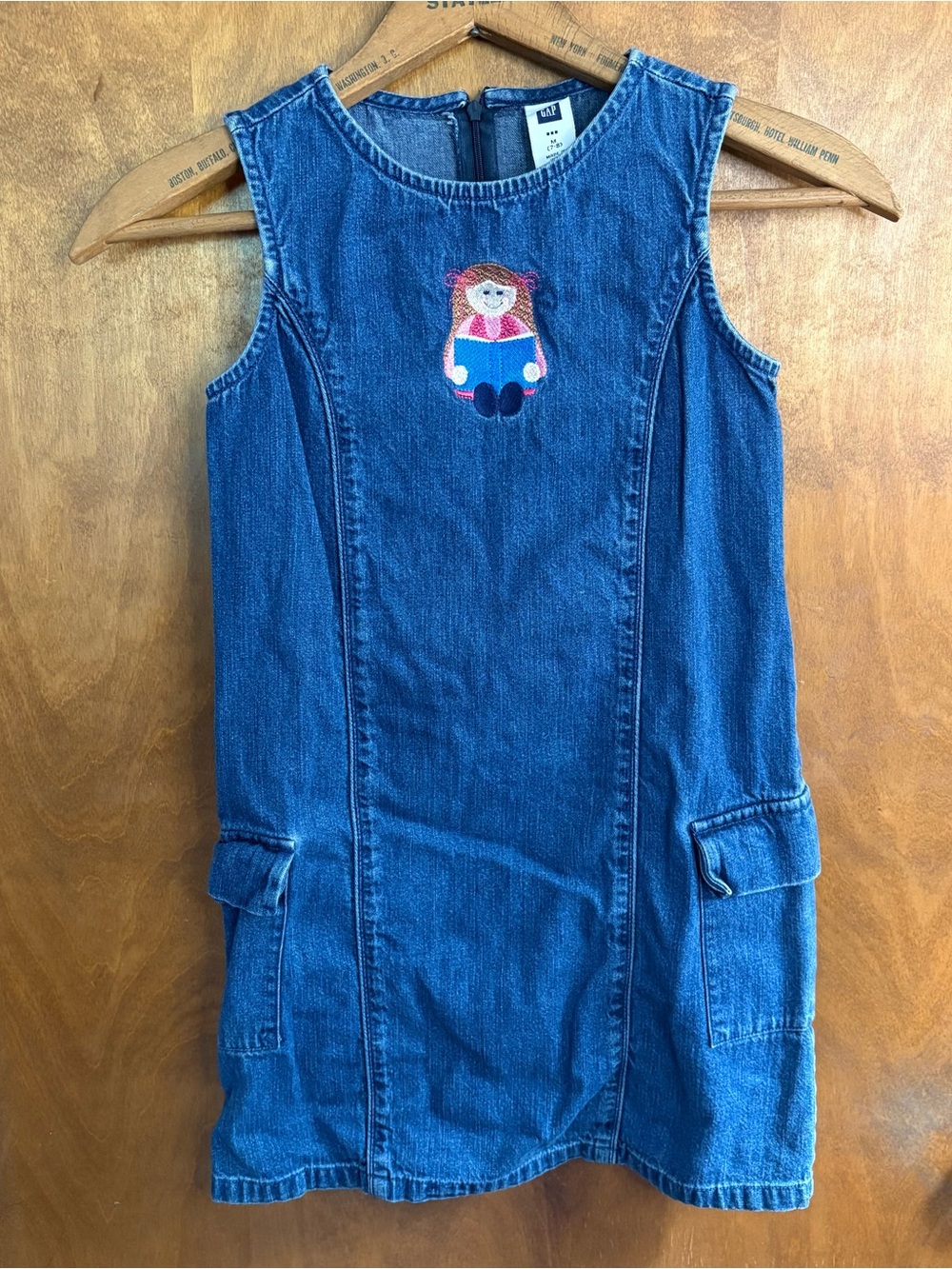 Vintage Gap Kid's Y2K Girl's Denim Jean Jumper Dress Embroidered Book Preppy 7/8